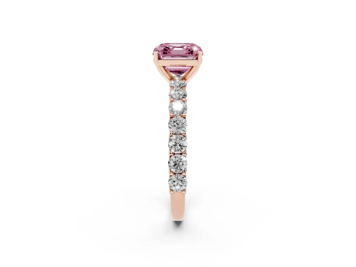 Fancy Pink Asscher Cut Diamond Solitaire Ring with Shared Prong Pavé Band and Four-Prong Setting Rose gold