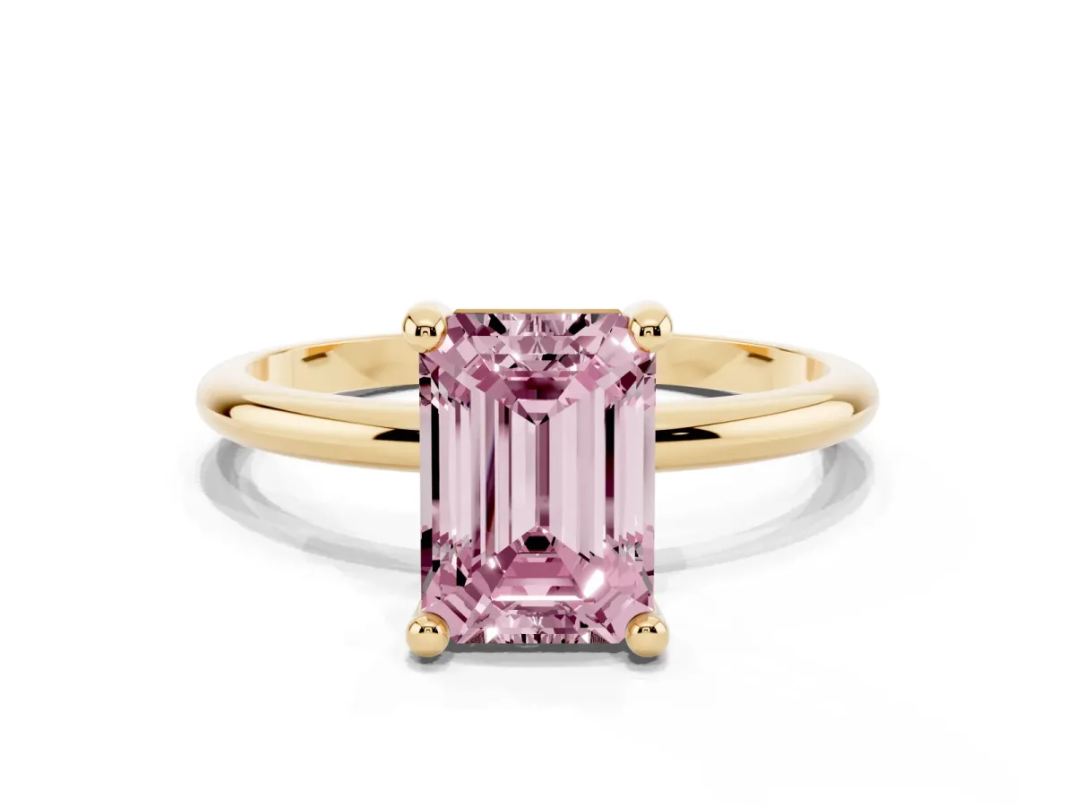 Fancy Pink Emerald Cut Solitaire Diamond Ring with 4-Prong Setting on a Classic Band Yellow gold