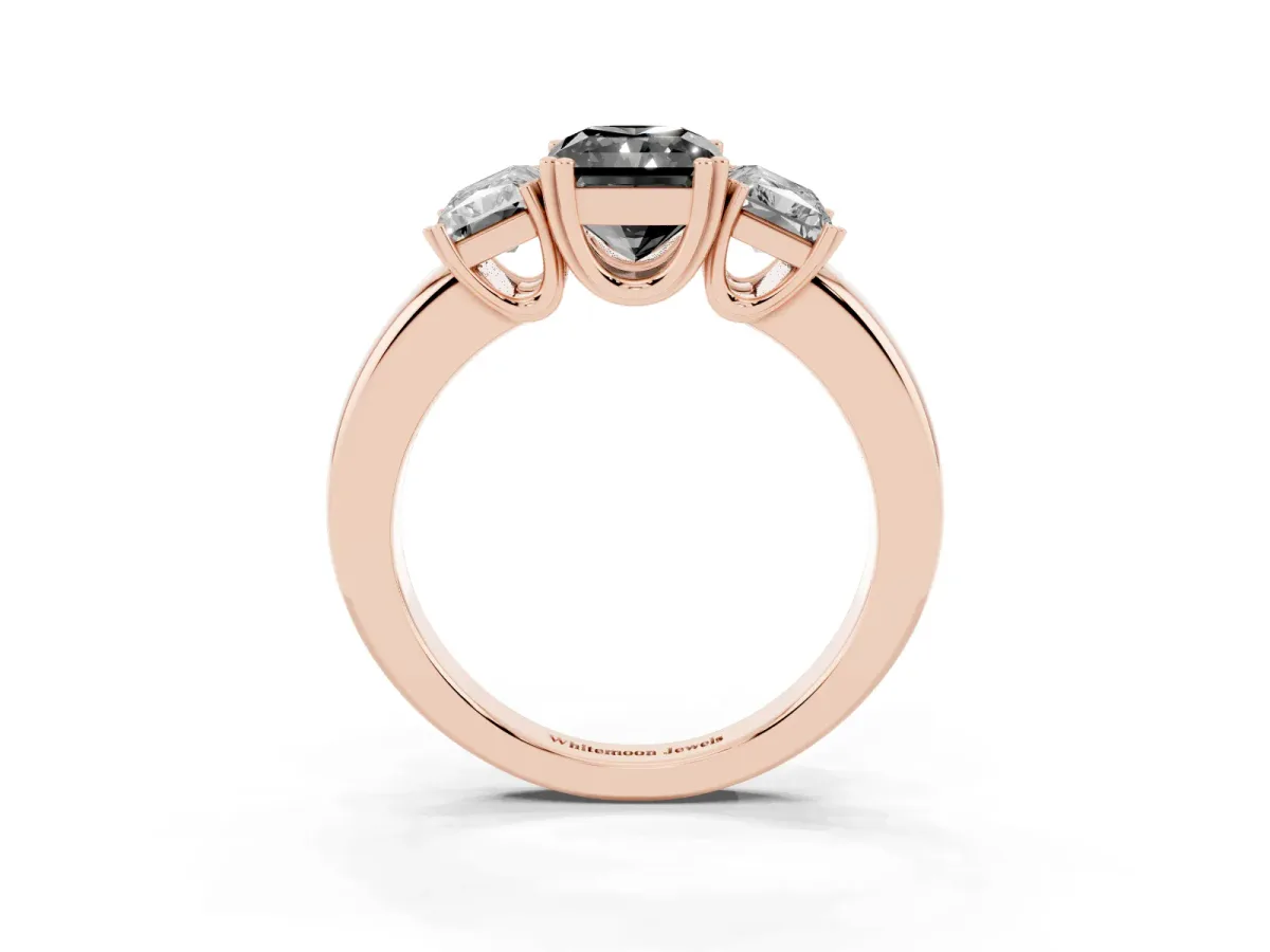 Fancy Black Three-Stone Radiant Cut Cut Diamond Ring with Channel Set Band and Four-Prong Setting Rose gold