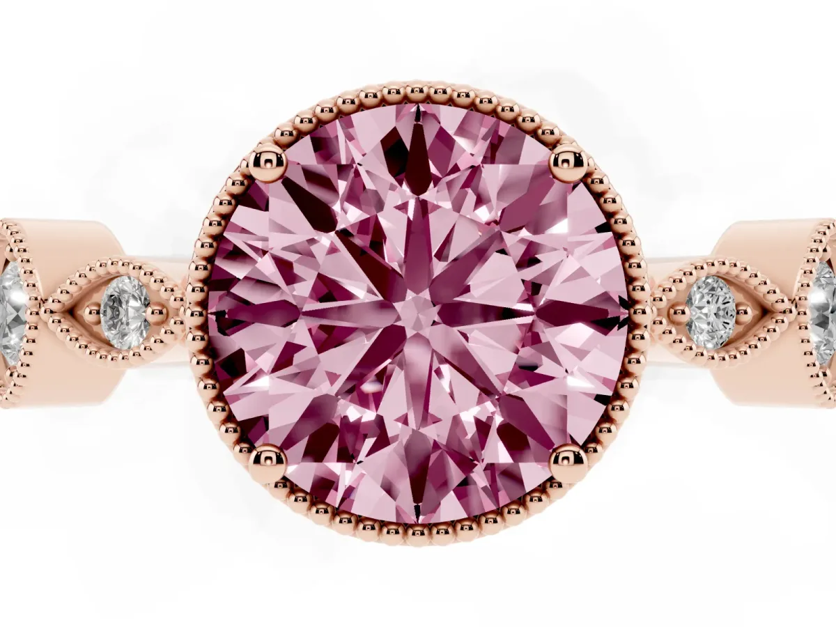 Fancy Pink Round Cut Diamond Vintage Milgrain Ring with Round Stations Rose gold