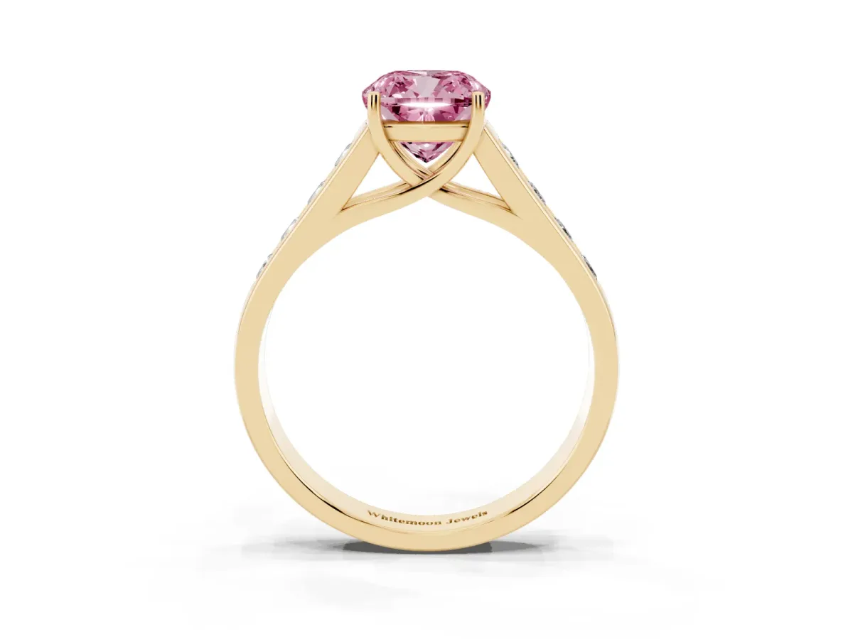 Fancy Pink Cushion Cut Solitaire Channel-Set Diamond Engagement Ring with Four-Prong Setting Yellow gold
