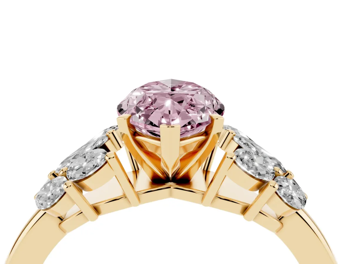 Fancy Pink Marquise Cut Diamond Cluster Leaf Design Ring with Prong Setting Yellow gold
