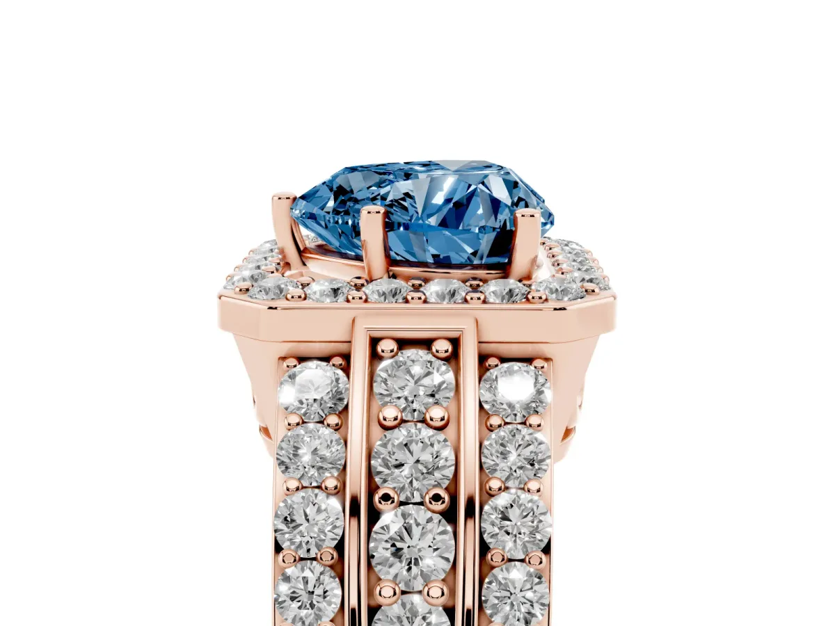 Fancy Blue Heart Cut Halo Diamond Ring with Round Split Shank and Prong Setting Rose gold