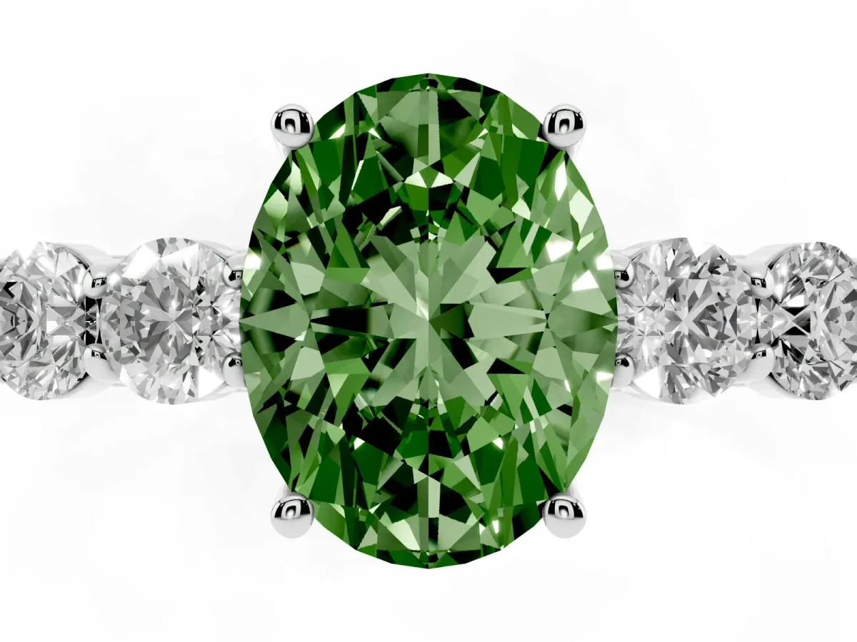 Fancy Green Oval Cut Cut Diamond Five-Stone Prong Set White Gold Ring Platinum