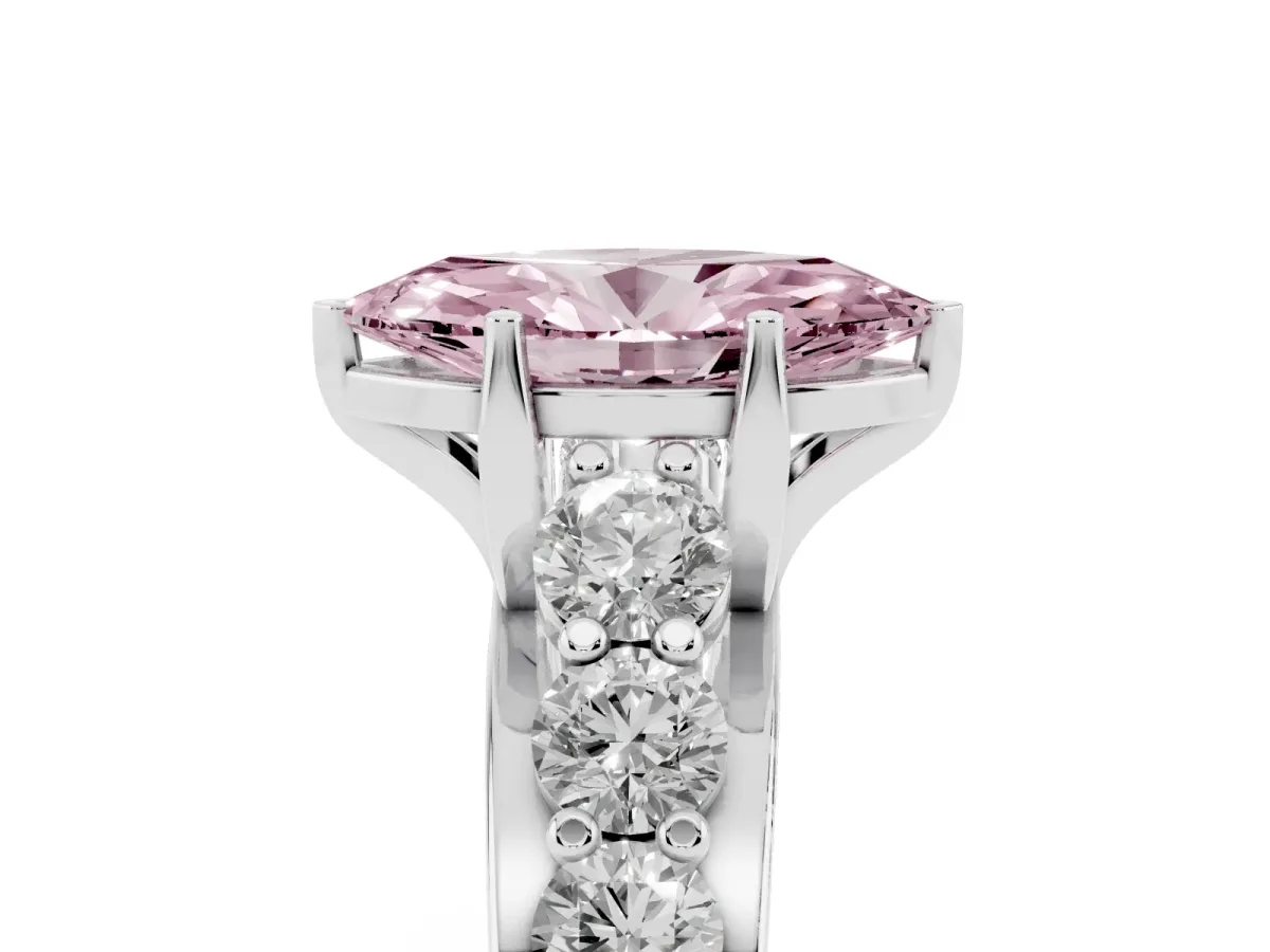 Fancy Pink Marquise Cut Diamond Engagement Ring with Pavé Band and Four-Prong Setting Silver