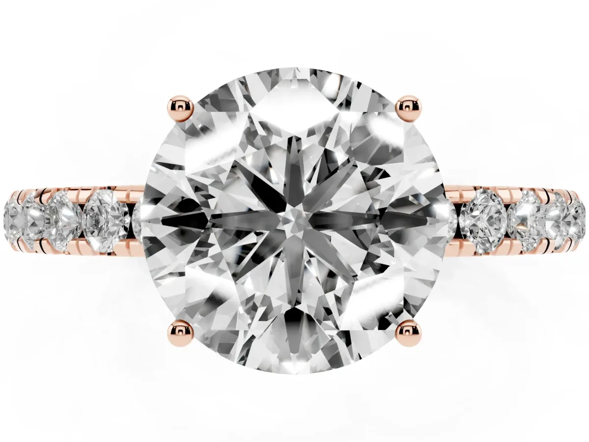 Round Cut Diamond Pavé Solitaire Engagement Ring with Four-Prong Setting Rose gold