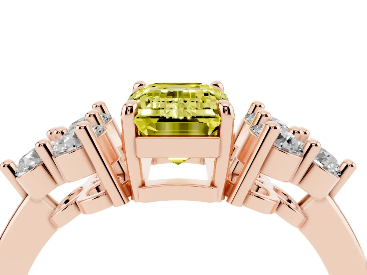 Fancy Yellow Emerald Cut Brilliant Diamond Cluster Accent Solitaire Ring with Prong Setting Rose gold