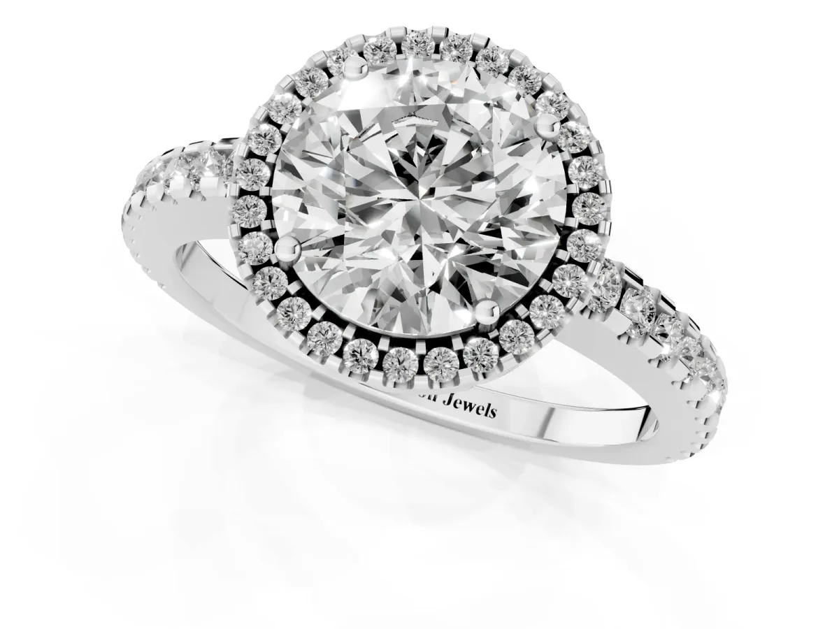 Round Cut Diamond Halo Engagement Ring with Pavé Band and Prong Setting Silver