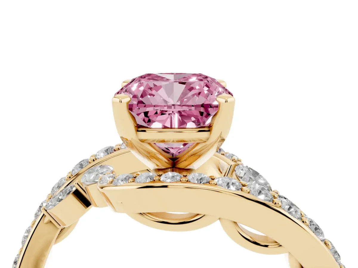 Fancy Pink Cushion Cut Solitaire with Pavé Twist Band and Four-Prong Setting Yellow gold