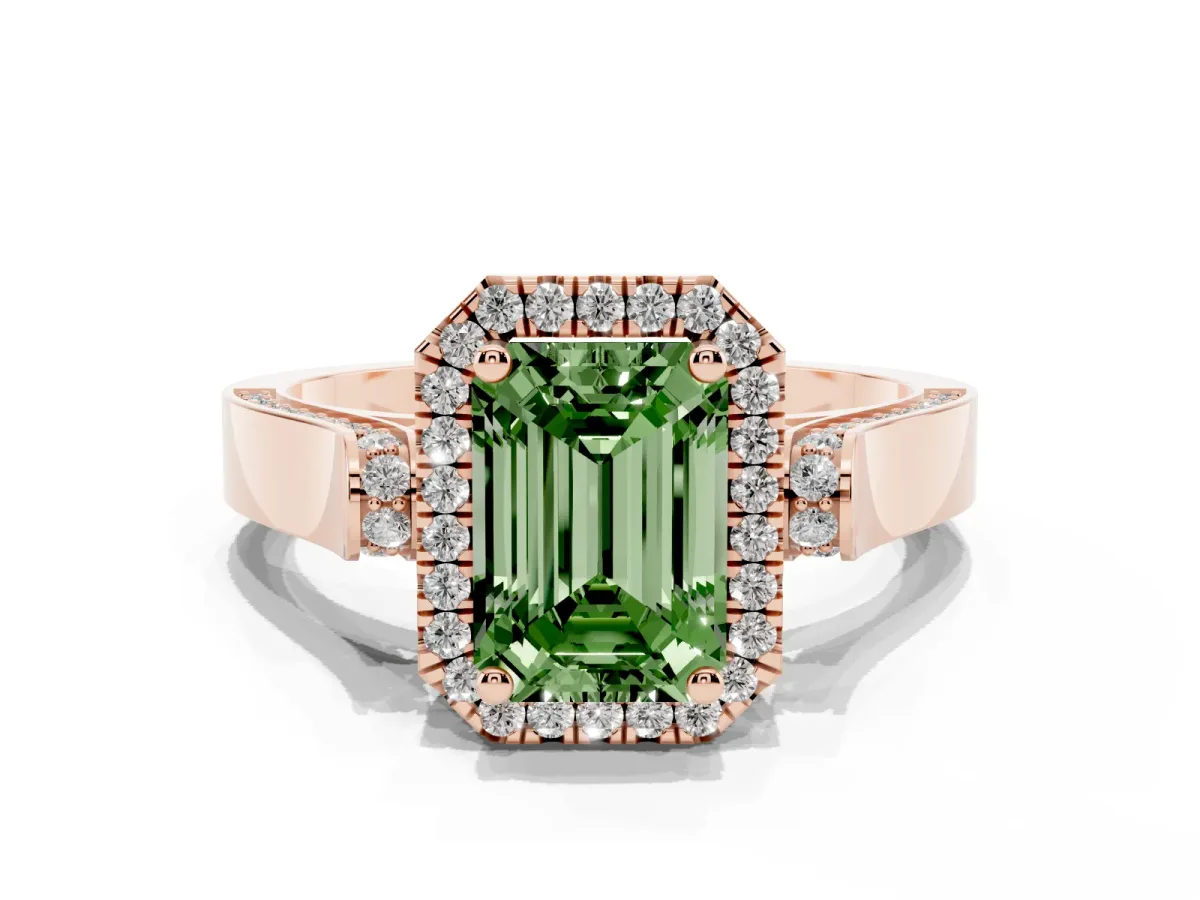 Fancy Green Emerald Cut Halo Round Diamond Twist Band with Four-Prong Setting Rose gold