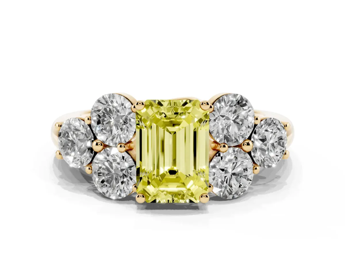 Fancy Yellow Emerald Cut Cut Diamond Cluster Ring with Round Accent Stones and Prong Setting on a Classic Band Yellow gold