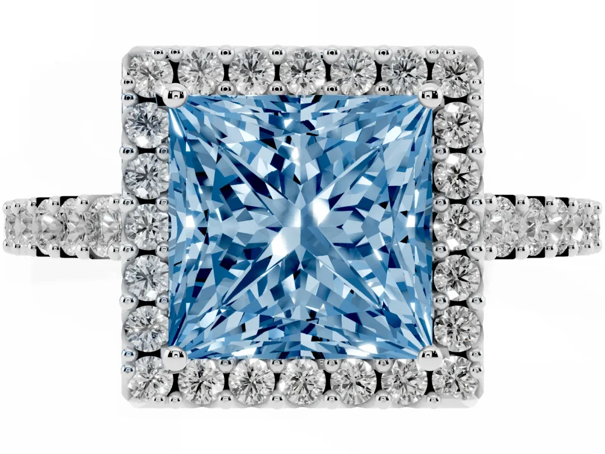 Fancy Blue Princess Cut Halo Diamond Pavé Solitaire Ring Platinum