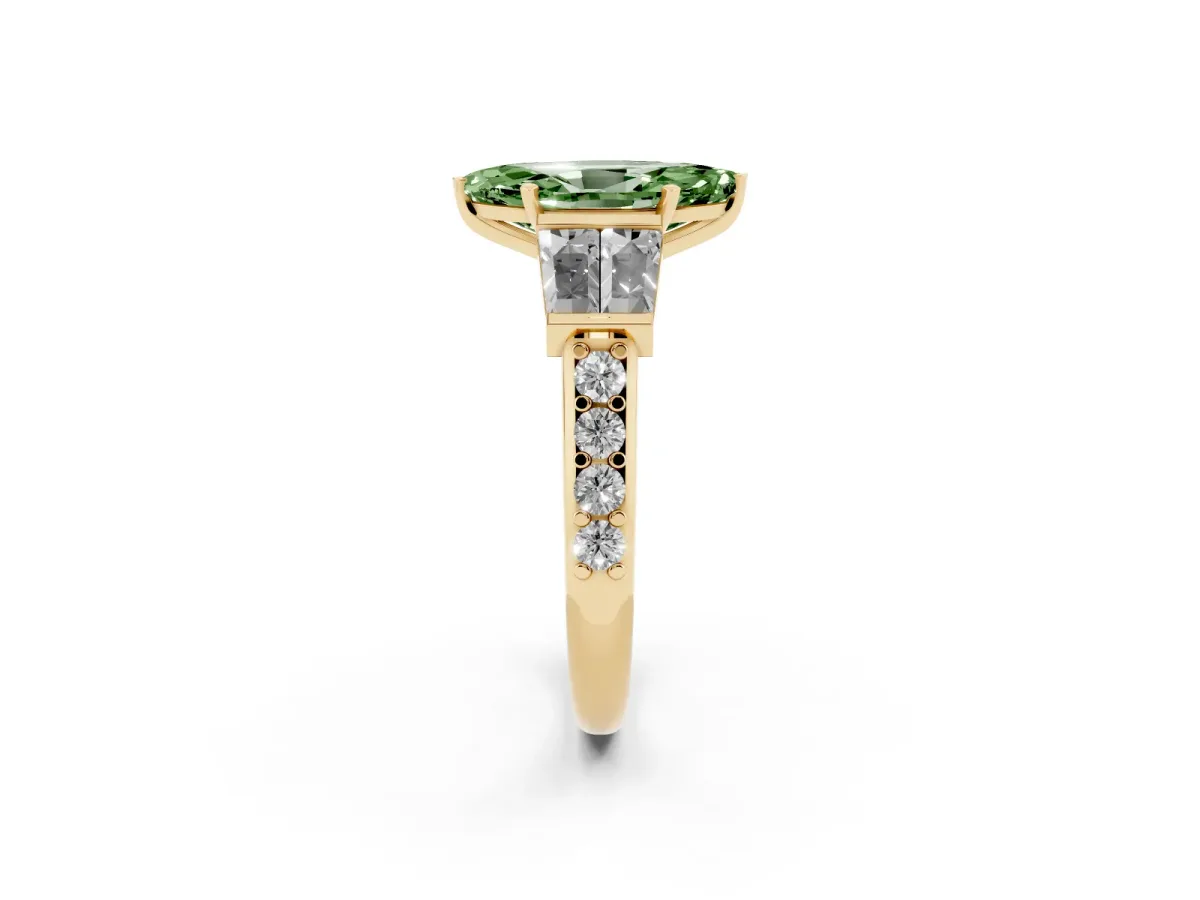 Fancy Green Marquise Cut Diamond Engagement Ring with Baguette Side Stones and Channel Set Band Yellow gold