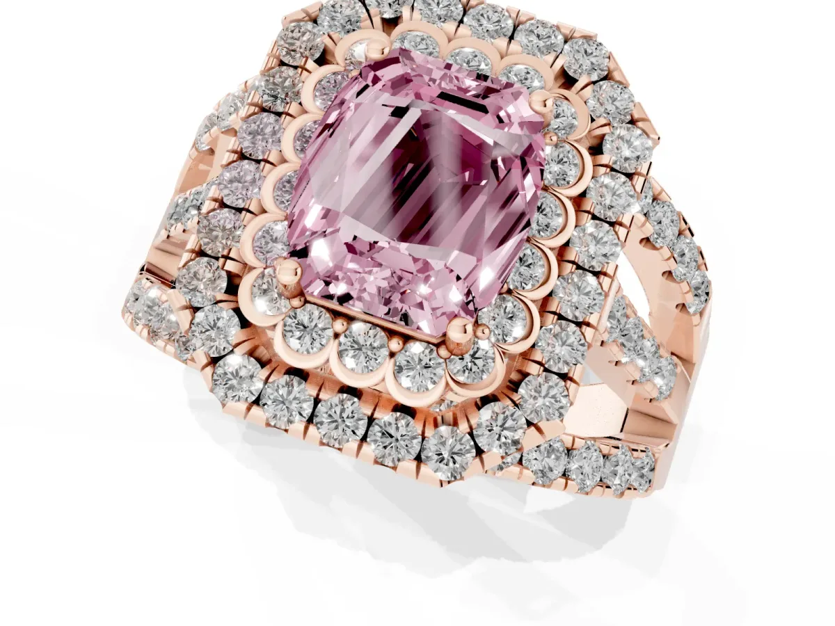 Fancy Pink Emerald Cut Diamond Double Halo Ring with Round Pavé Split Shank and Prong Setting Rose gold