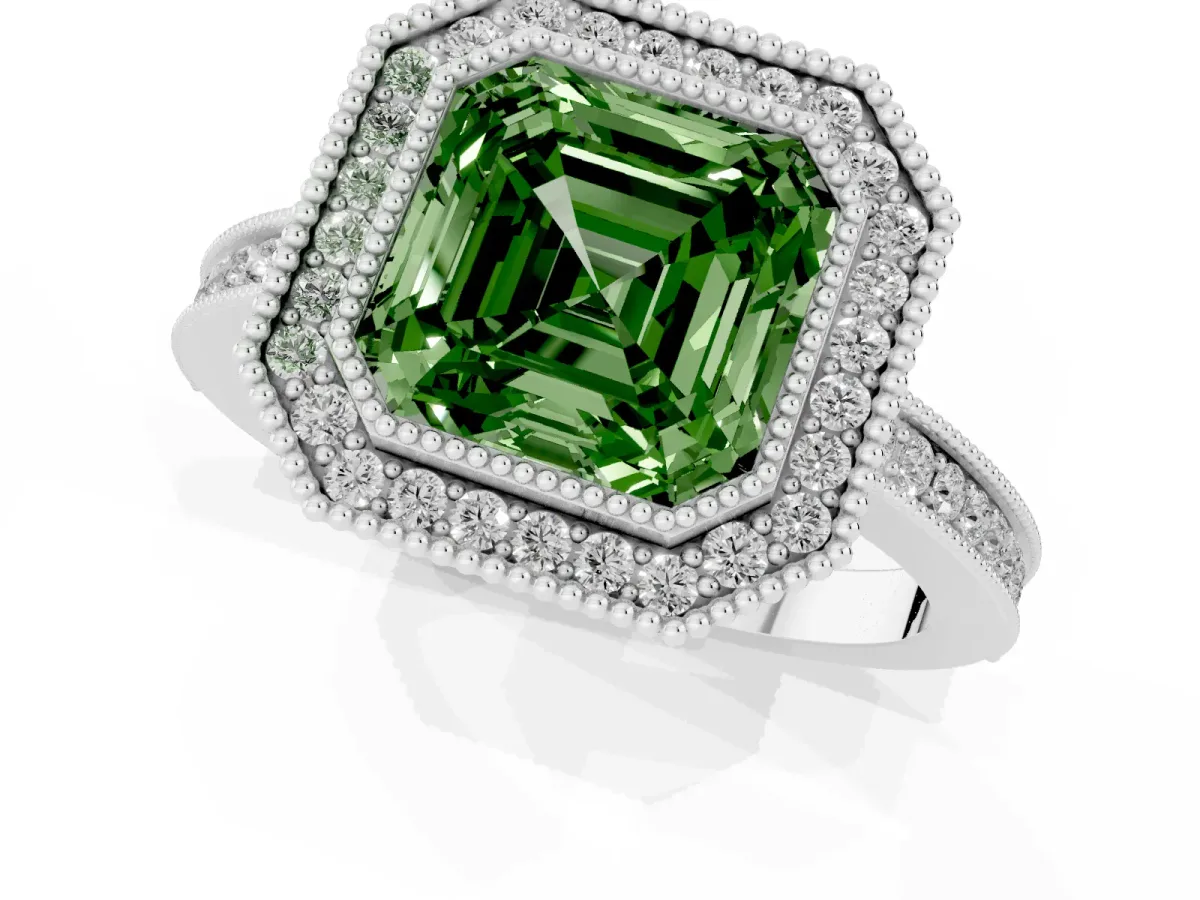 Fancy Green Asscher Cut Cut Halo Diamond Ring with Pavé Band and Milgrain Prong Setting Silver