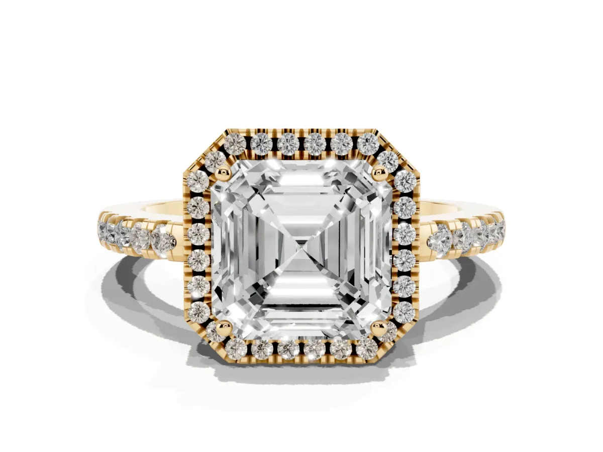Asscher Cut Halo Diamond Engagement Ring with Pavé Band and Four-Prong Setting Yellow gold