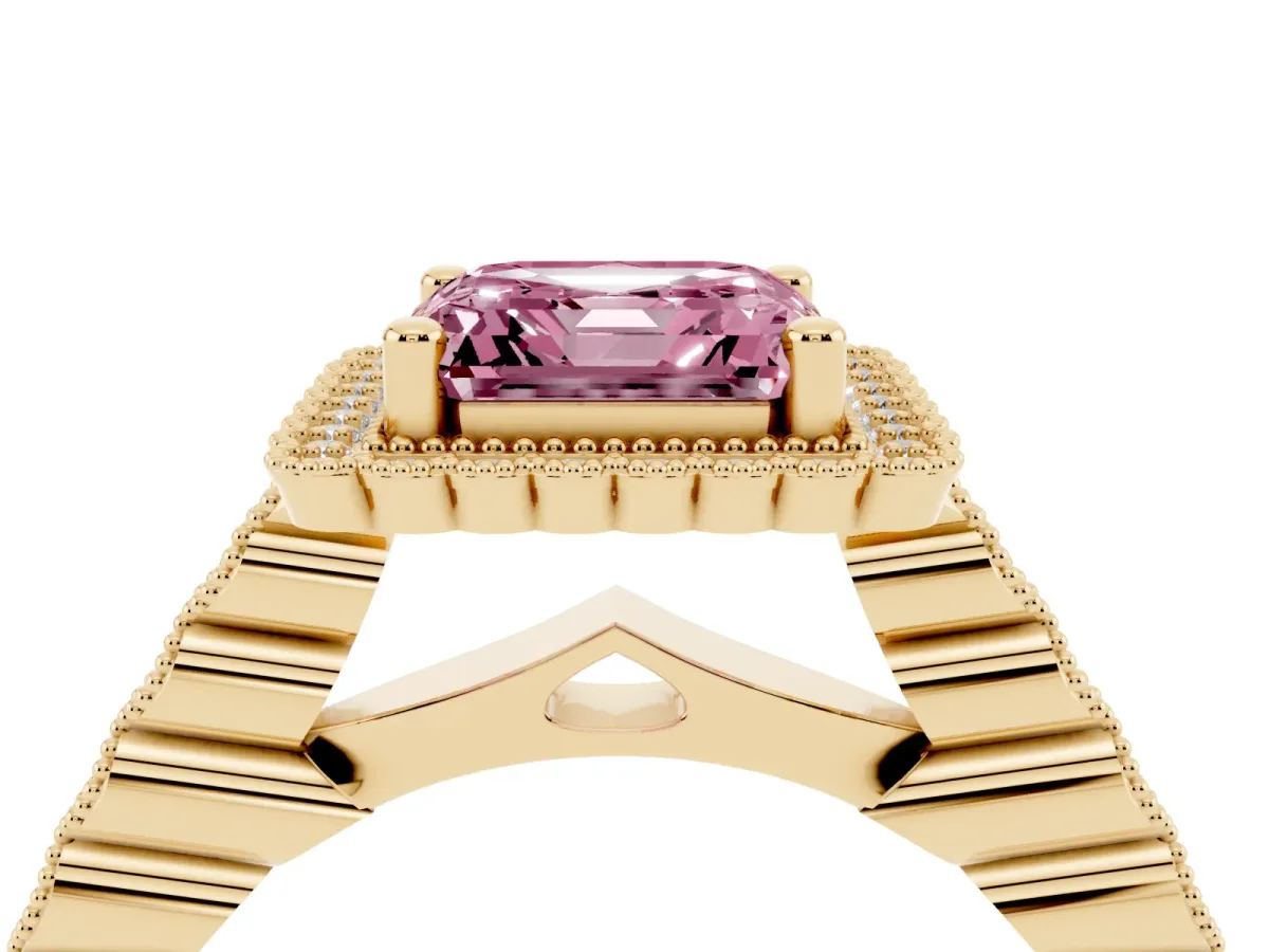 Fancy Pink Asscher Cut Cut Halo Pavé Solitaire Ring with Milgrain Band Yellow gold