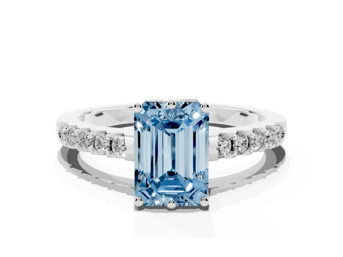 Fancy Blue Emerald Cut Solitaire Diamond Engagement Ring with Pavé Band and Six-Prong Setting Silver