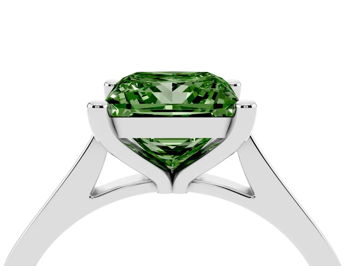 Fancy Green Princess Cut Solitaire Diamond Ring with Four-Prong Setting and Tapered Band White gold