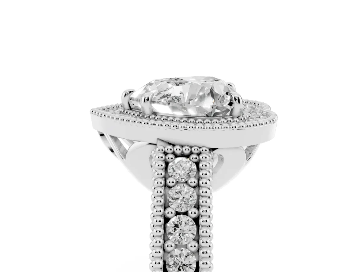 Heart Cut Cut Halo Diamond Ring with Pavé Band and Four-Prong Setting Silver