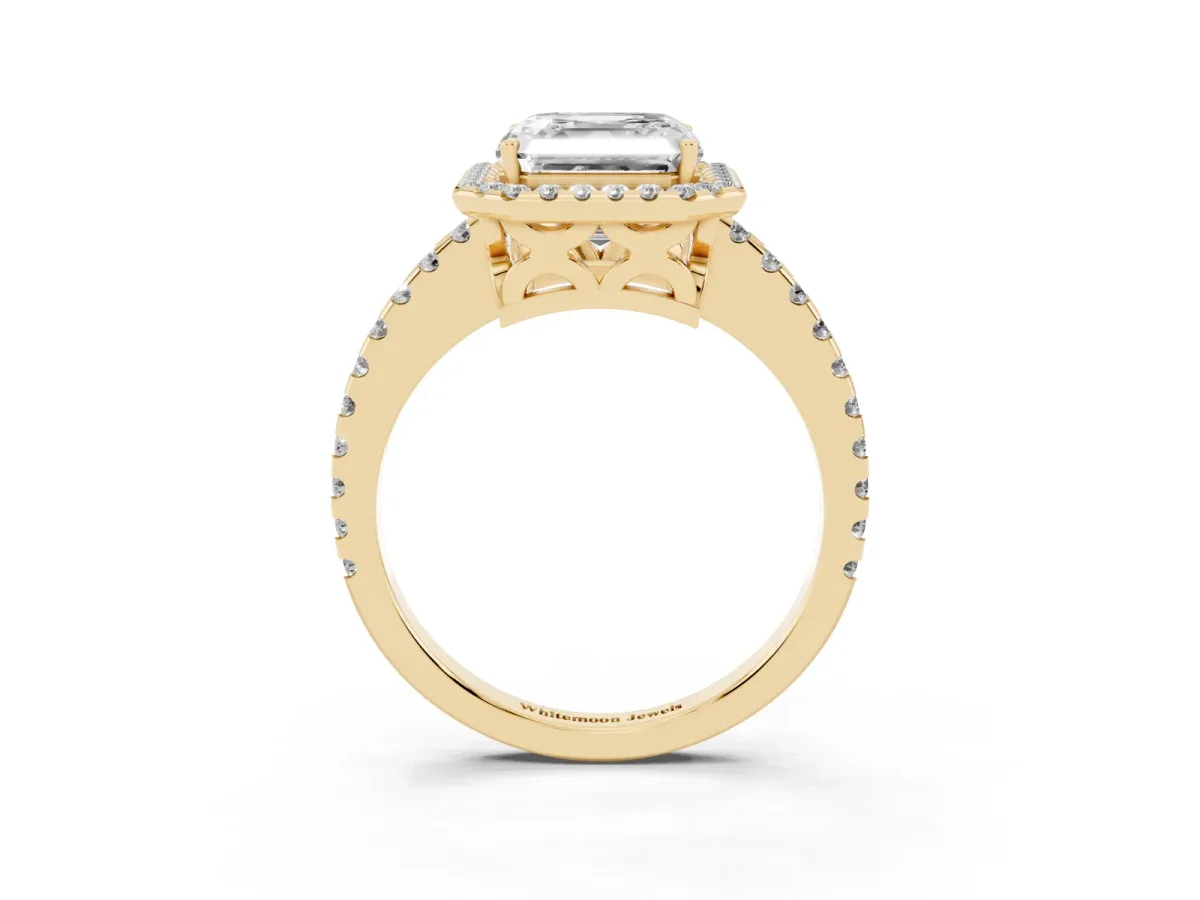 Asscher Cut Diamond Halo Engagement Ring with Pavé Band and Prong Setting Yellow gold
