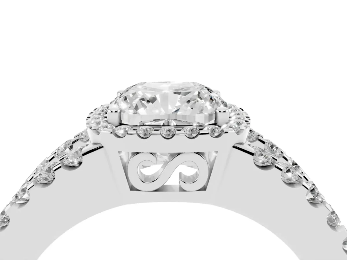 Cushion Cut Cut Halo Split Shank Diamond Ring with Four-Prong Setting White gold