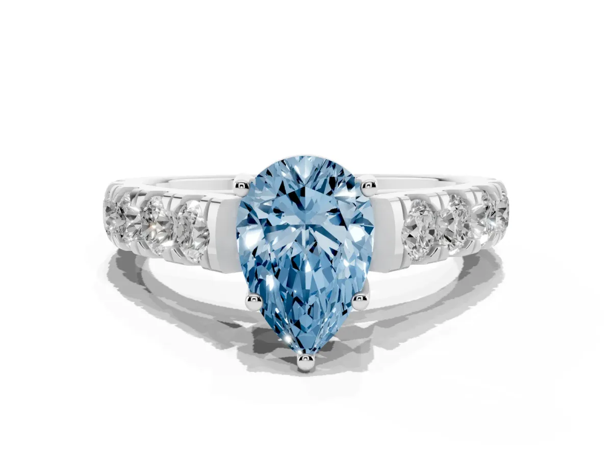 Fancy Blue Pear Cut Cut Diamond Solitaire Ring with Micro Pave Band and Prong Setting Silver