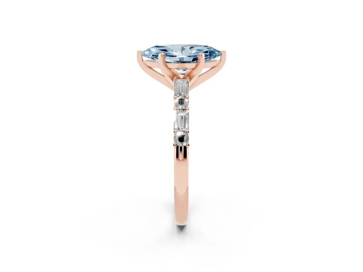 Fancy Blue Marquise Cut Diamond Solitaire with Side Baguettes and Channel Set Band Rose gold