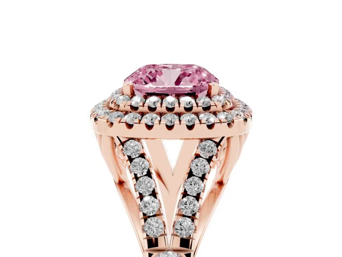 Fancy Pink Cushion Cut Diamond Pavé Split Shank Double Halo Engagement Ring Rose gold