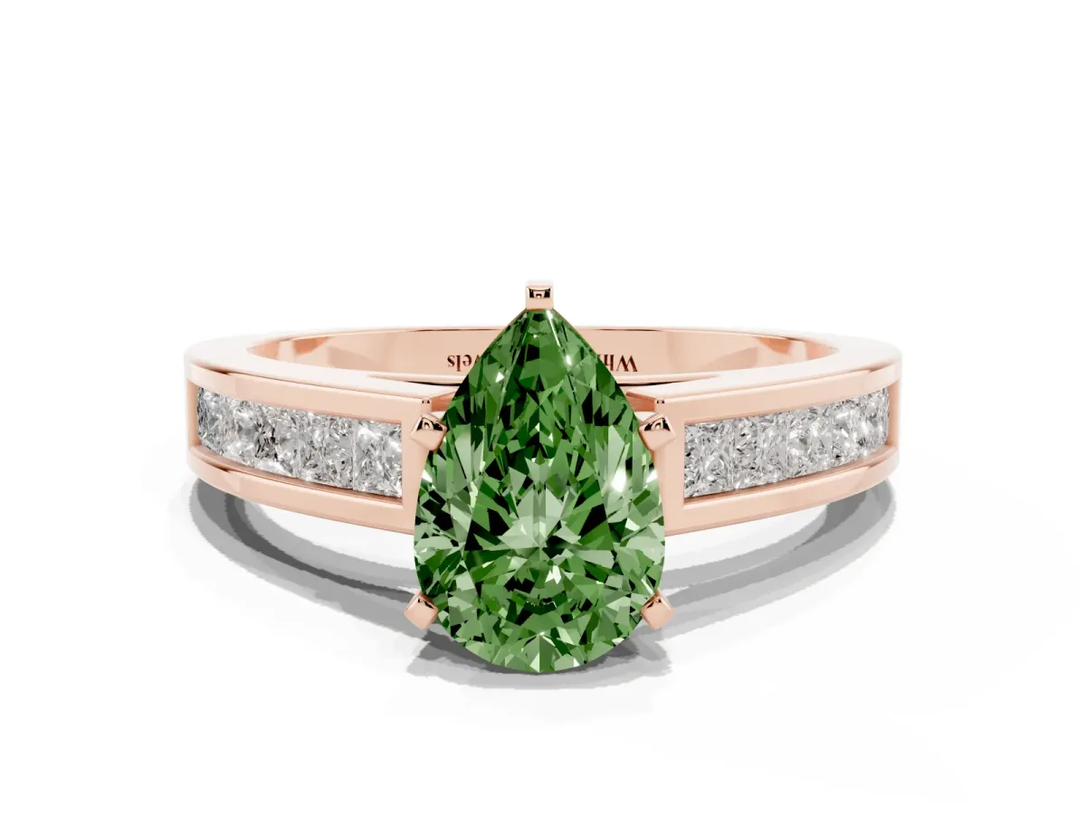 Fancy Green Pear Cut Solitaire Diamond Ring with Channel-Set Band and Four-Prong Setting Rose gold