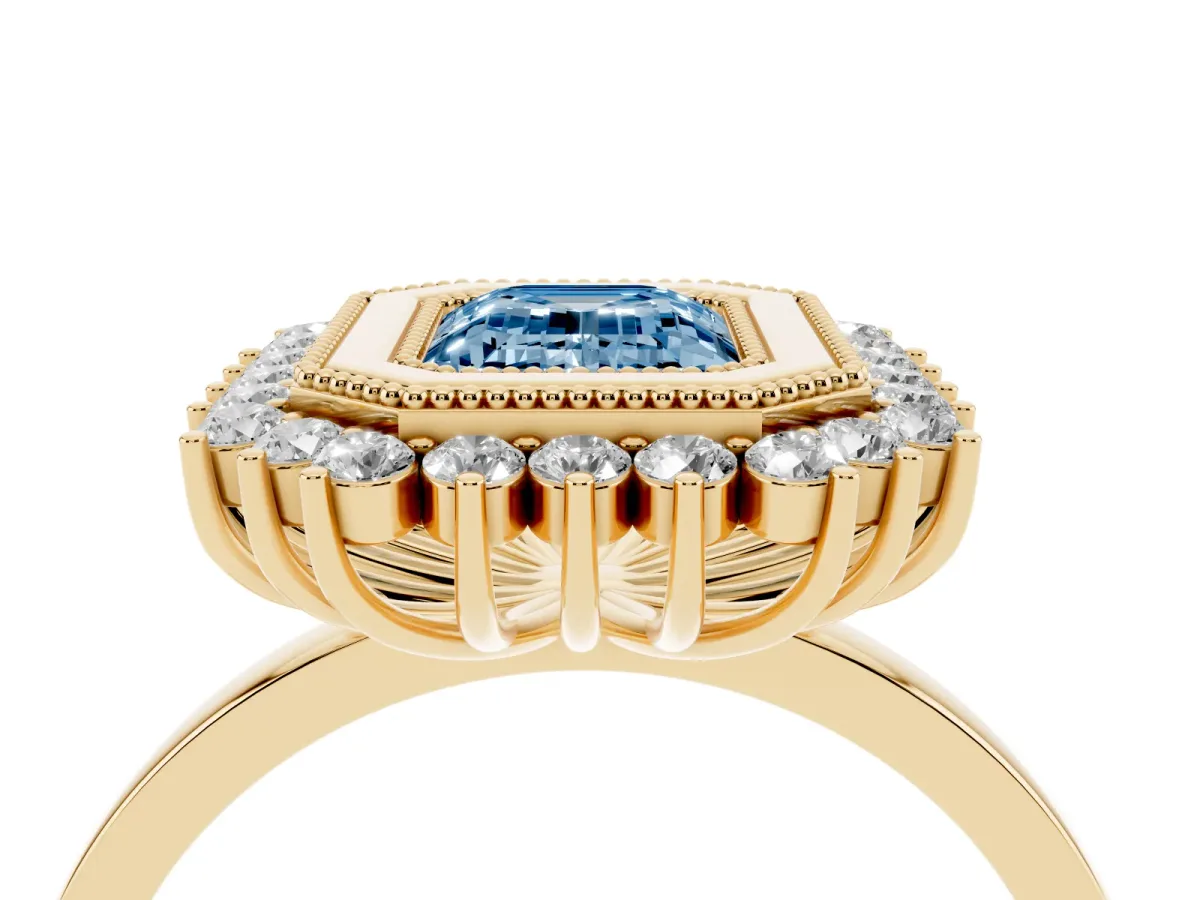 Fancy Blue Emerald Cut Halo Diamond Ring with Milgrain Edge and Round Prong Setting Yellow gold