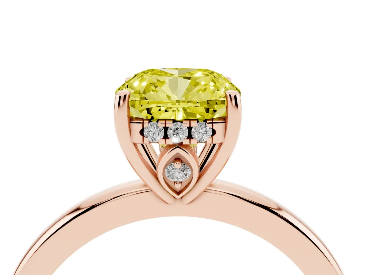 Fancy Yellow Cushion Cut Solitaire Diamond Ring with Prong Setting and Plain Band Rose gold