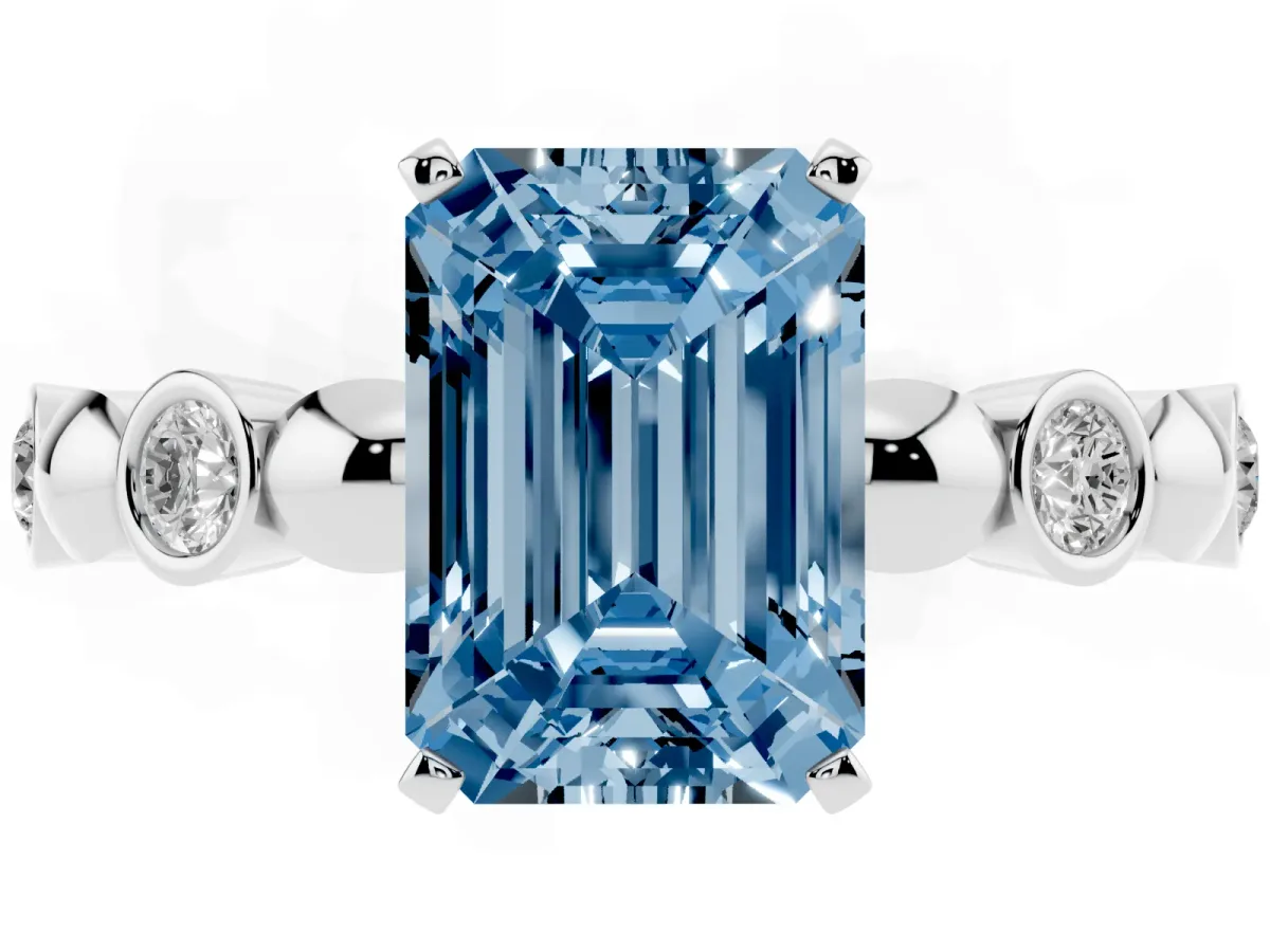 Fancy Blue Emerald Cut Solitaire Bezel-Set Diamond Ring with Beaded Band and Four-Prong Setting Silver