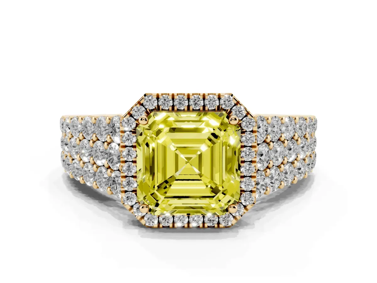 Fancy Yellow Asscher Cut Diamond Halo Engagement Ring with Triple Row Round Pavé Band and Prong Setting Yellow gold