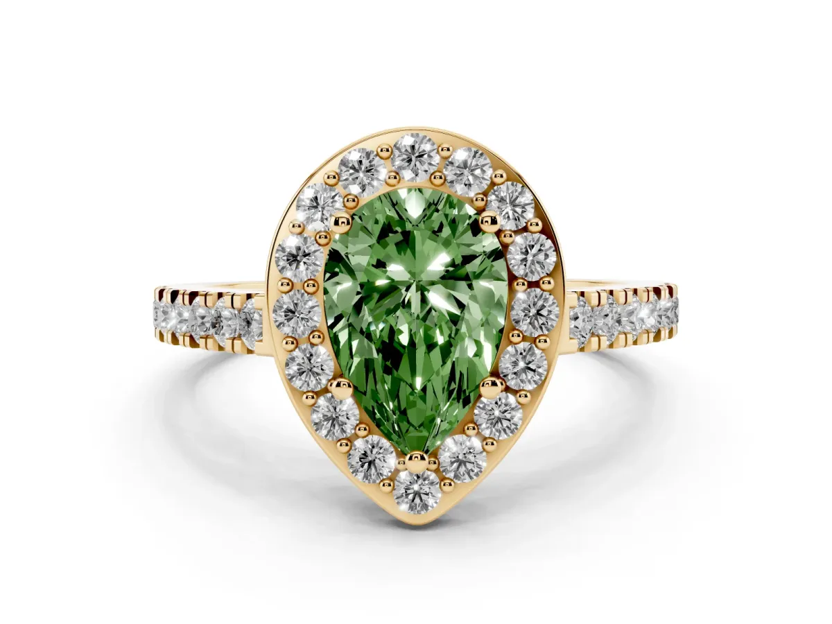 Fancy Green Pear Cut Diamond Halo Ring with Round Pavé Split Shank and Prong Setting Yellow gold