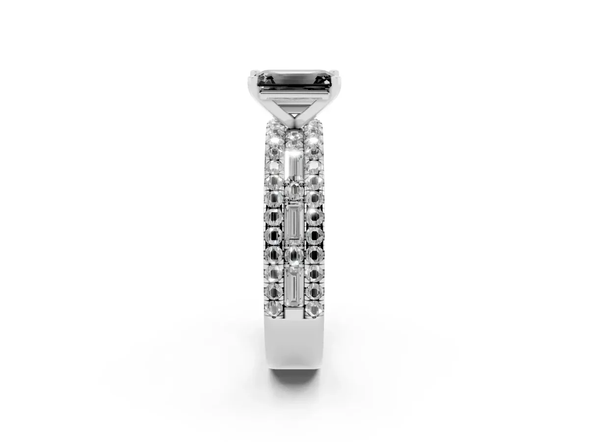 Fancy Black Emerald Cut Diamond Solitaire Ring with Pavé and Channel Set Band Silver