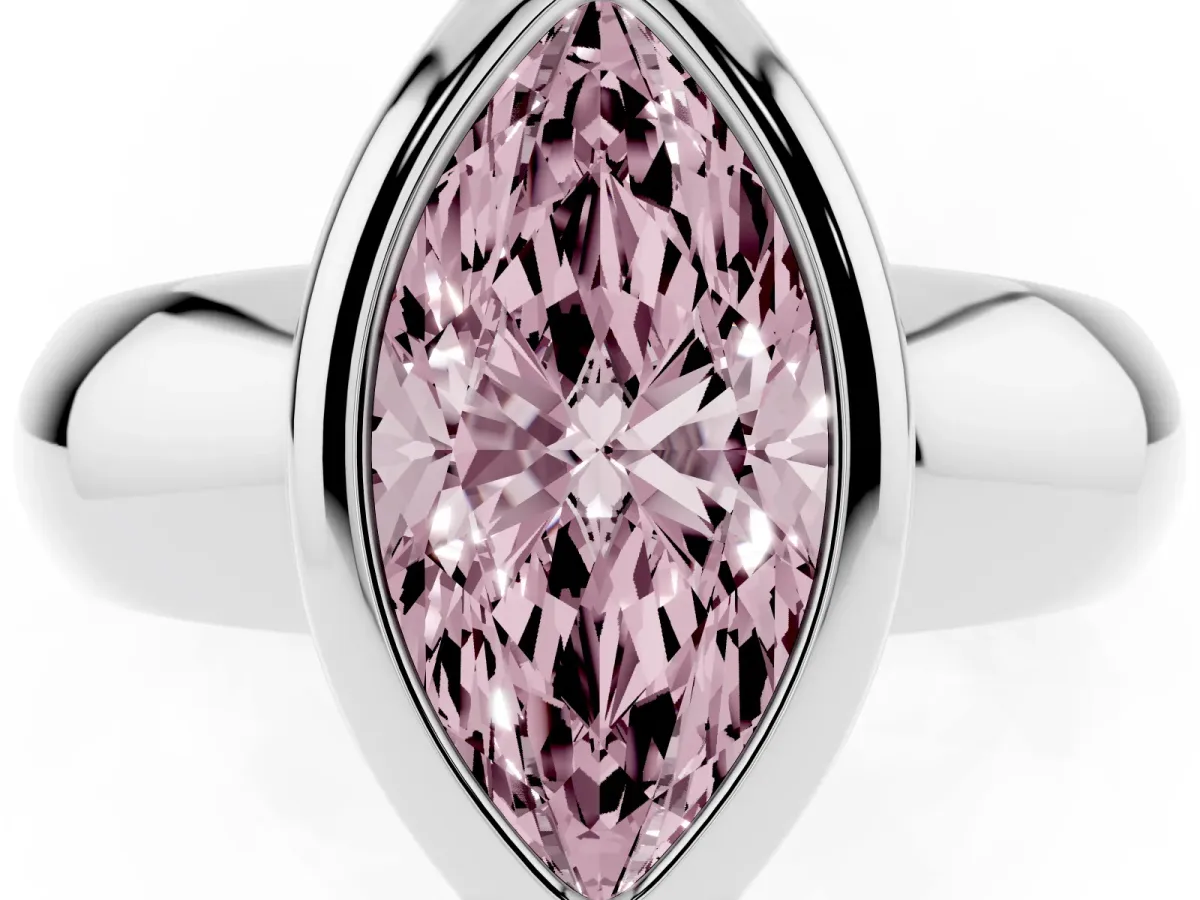 Fancy Pink Bezel Set Marquise Cut Solitaire Ring with Wide Band Platinum