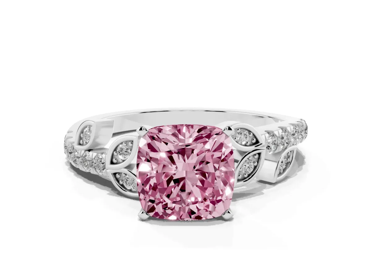 Fancy Pink Cushion Cut Solitaire Leaf-Inspired Diamond Ring with Pavé Band and Four-Prong Setting Silver