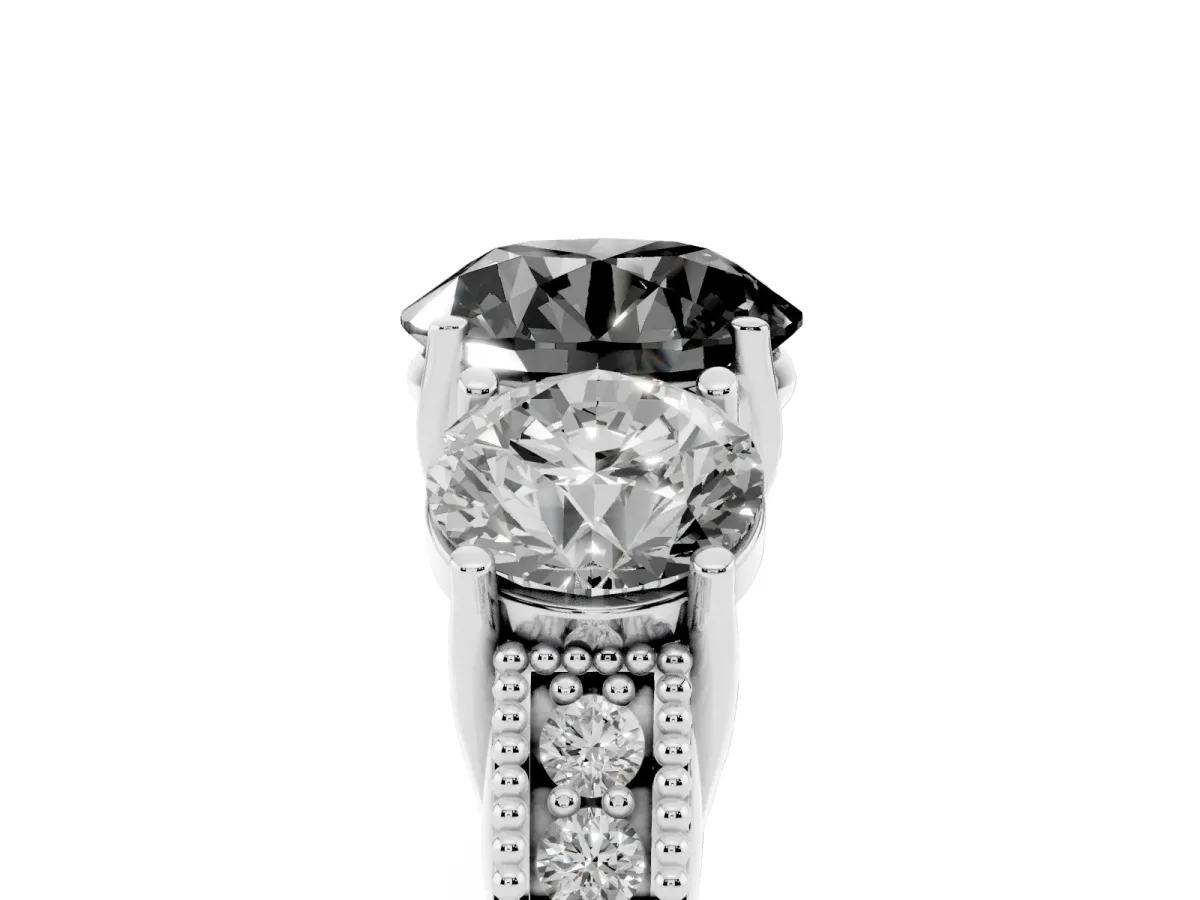 Fancy Black Three-Stone Round Cut Cut Milgrain Pavé Engagement Ring Silver
