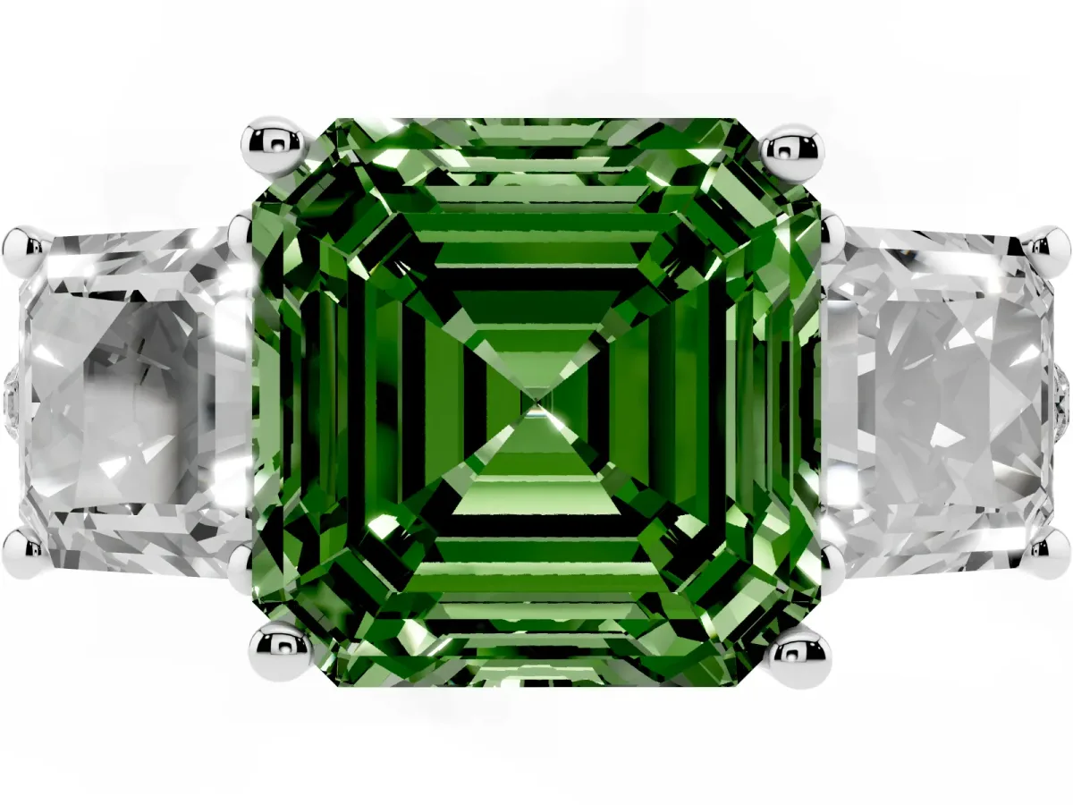 Fancy Green Three-Stone Asscher Cut Diamond Ring with Round Pavé Band and Prong Setting Silver