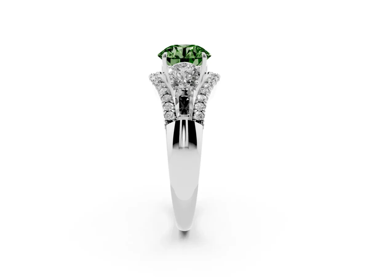 Fancy Green Three-Stone Round Cut Diamond Engagement Ring with Pave Band and Prong Setting Silver
