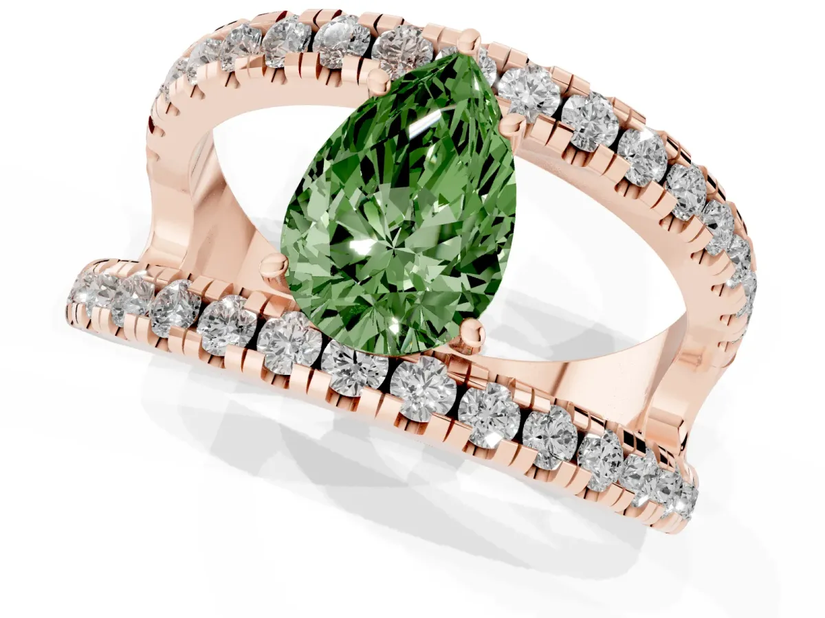 Fancy Green Pear Cut Solitaire Split Shank Pave Diamond Ring Rose gold