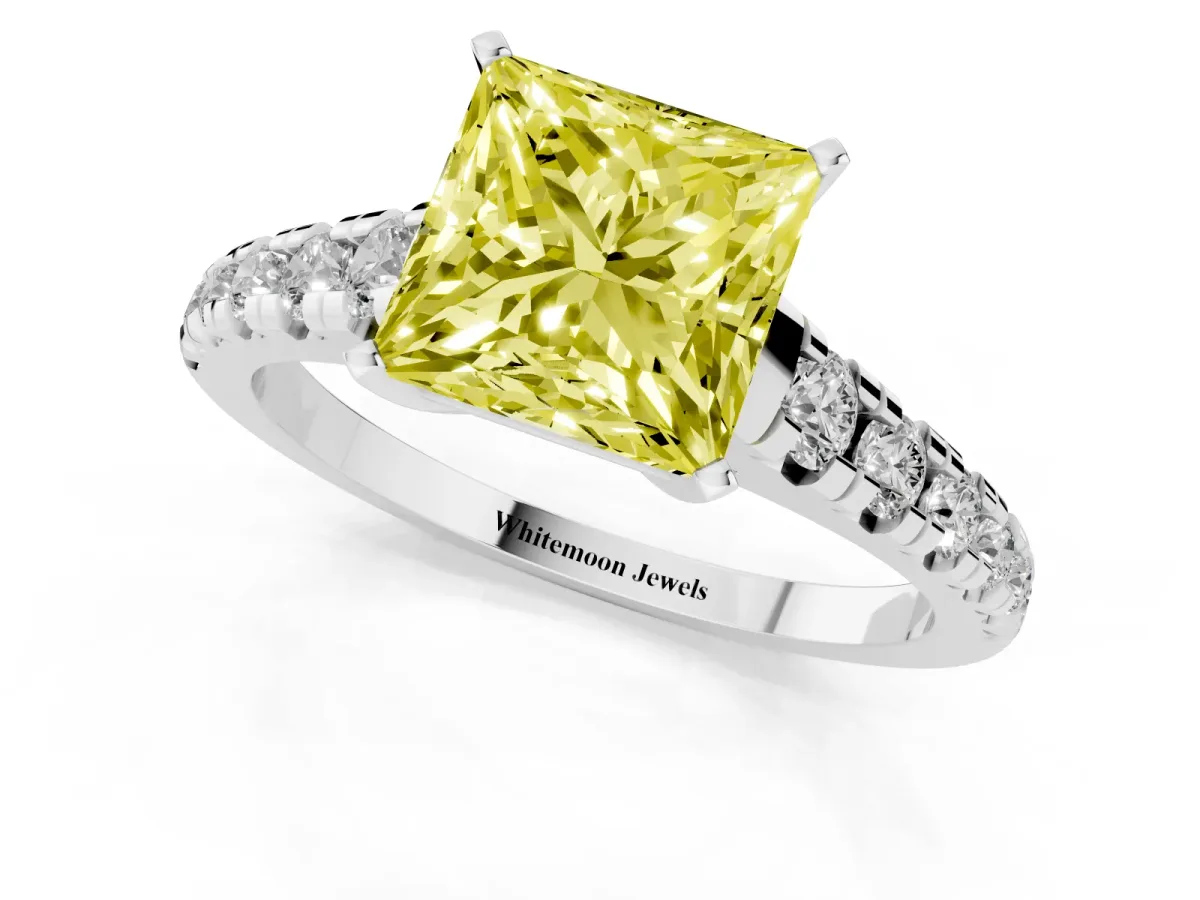 Fancy Yellow Princess Cut Diamond Cathedral Solitaire Ring with Round Pavé Band Silver