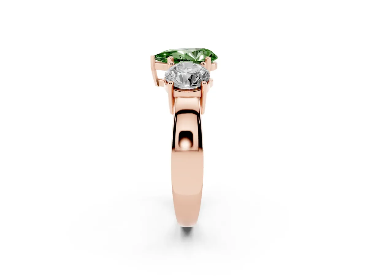 Fancy Green Three-Stone Pear Cut Diamond Ring with Round Side Stones, Classic Band, and Four-Prong Setting Rose gold