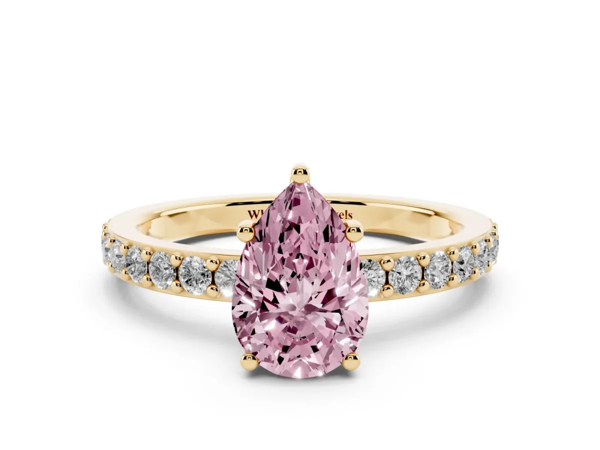 Fancy Pink Pear Cut Cut Diamond Solitaire with Pave Band and Four-Prong Setting Yellow gold