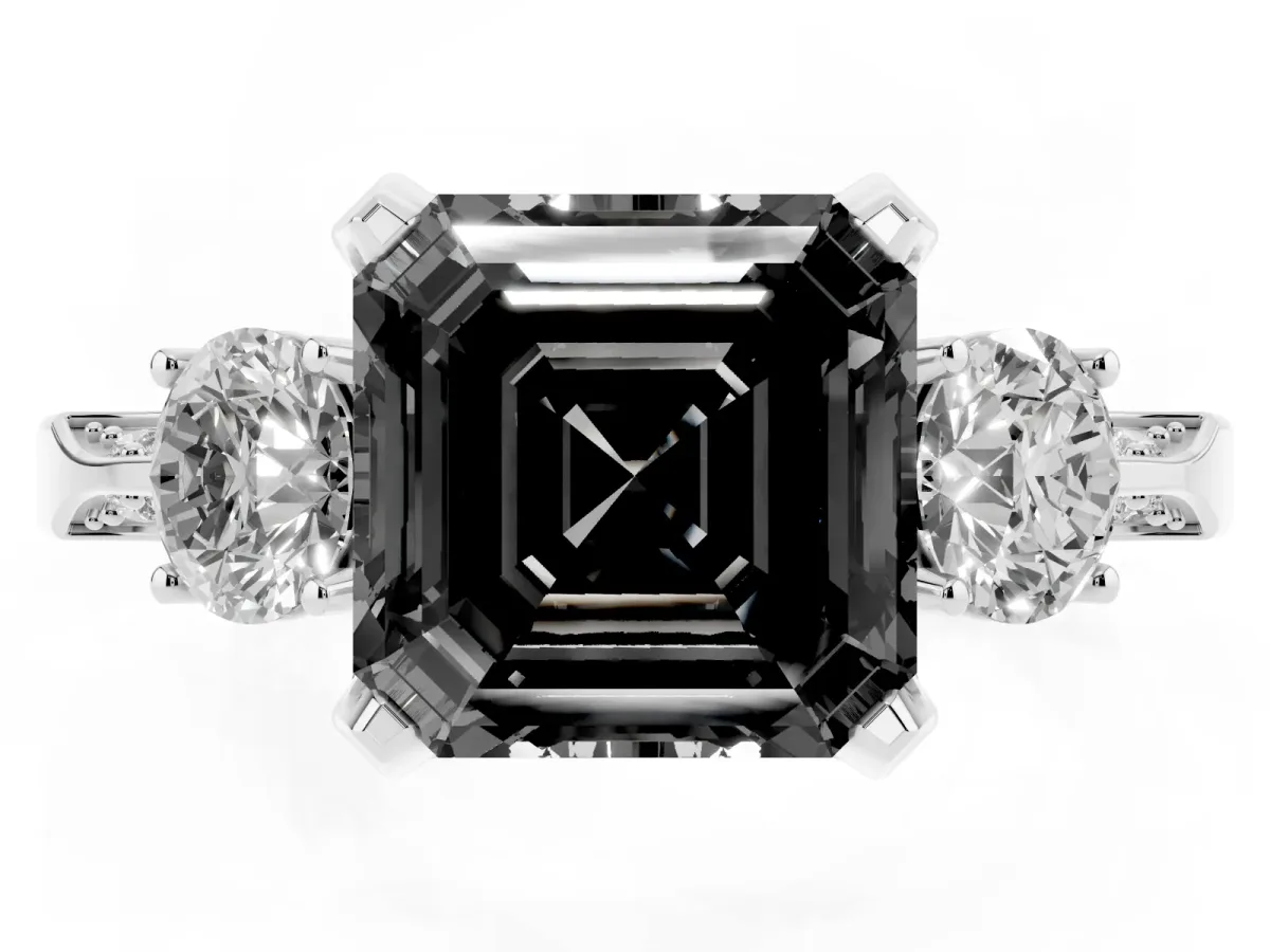 Fancy Black Asscher Cut Brilliant Three-Stone Diamond Ring with Pavé Band and Four-Prong Setting Silver