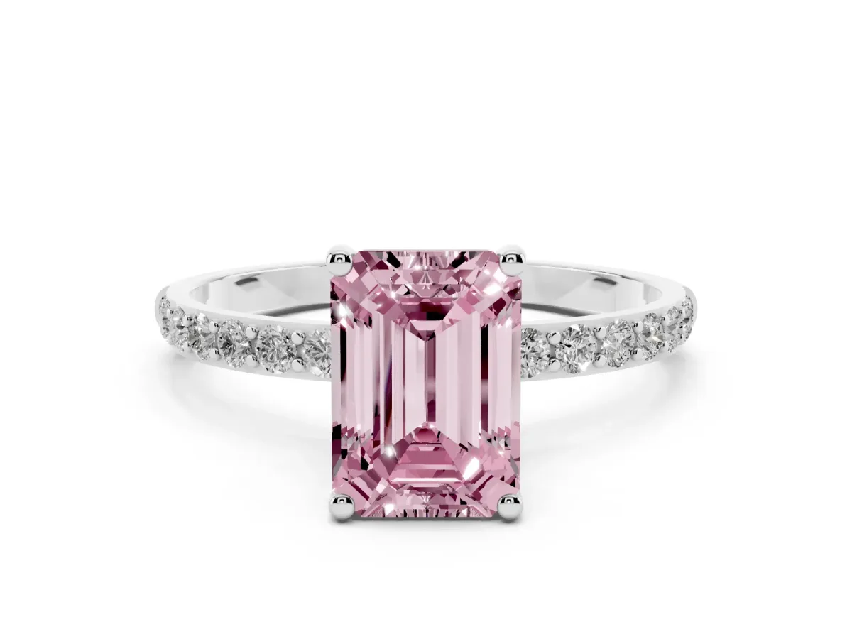 Fancy Pink Emerald Cut Diamond Solitaire Ring with Round Pavé Shoulders and Prong Setting Platinum