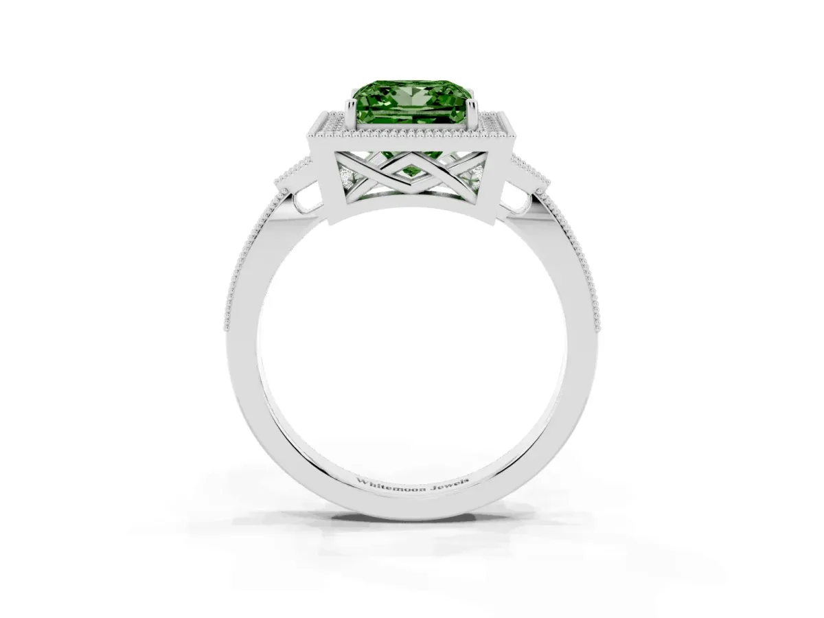 Fancy Green Princess Cut Halo Round Diamond Milgrain Pave Engagement Ring Platinum