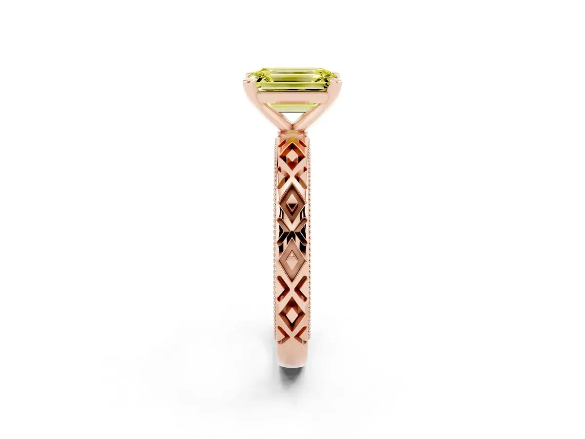 Fancy Yellow Emerald Cut Solitaire Diamond Ring with Milgrain and Black Enamel X Pattern Band Rose gold