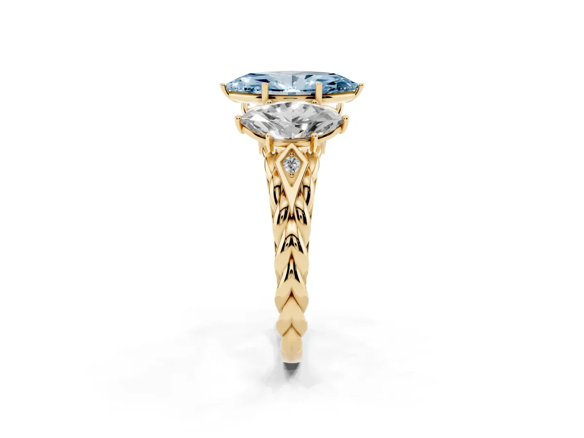 Fancy Blue Three-Stone Marquise Cut Diamond Braided Band Ring with Four-Prong Setting Yellow gold
